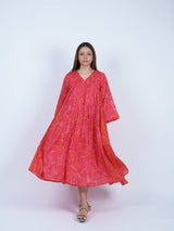 Orange Botanical V-Neck Gathered Midi Dress