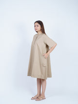 Beige Twill Hand-Embroidered Dress
