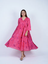 Pink Floral Smocked-Yoke Midi Dress