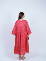 Orange Botanical V-Neck Gathered Midi Dress