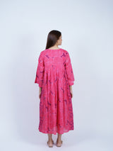 Pink Floral Smocked-Yoke Midi Dress