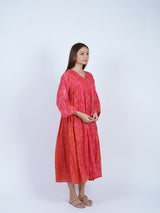 Orange Botanical V-Neck Gathered Midi Dress
