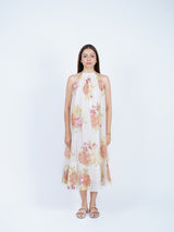 Floral Chanderi Hand Block Printed Halter Midi Dress
