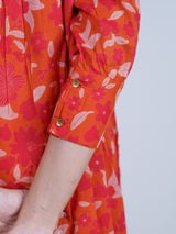 Orange Floral Band-Collar Midi Dress