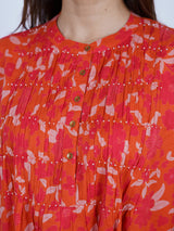Orange Floral Band-Collar Midi Dress