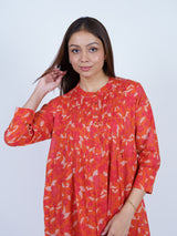 Orange Floral Band-Collar Midi Dress
