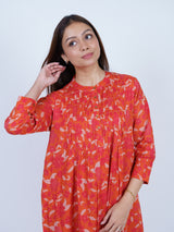 Orange Floral Band-Collar Midi Dress