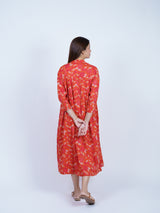 Orange Floral Band-Collar Midi Dress