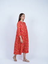 Orange Floral Band-Collar Midi Dress