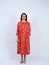 Orange Floral Band-Collar Midi Dress