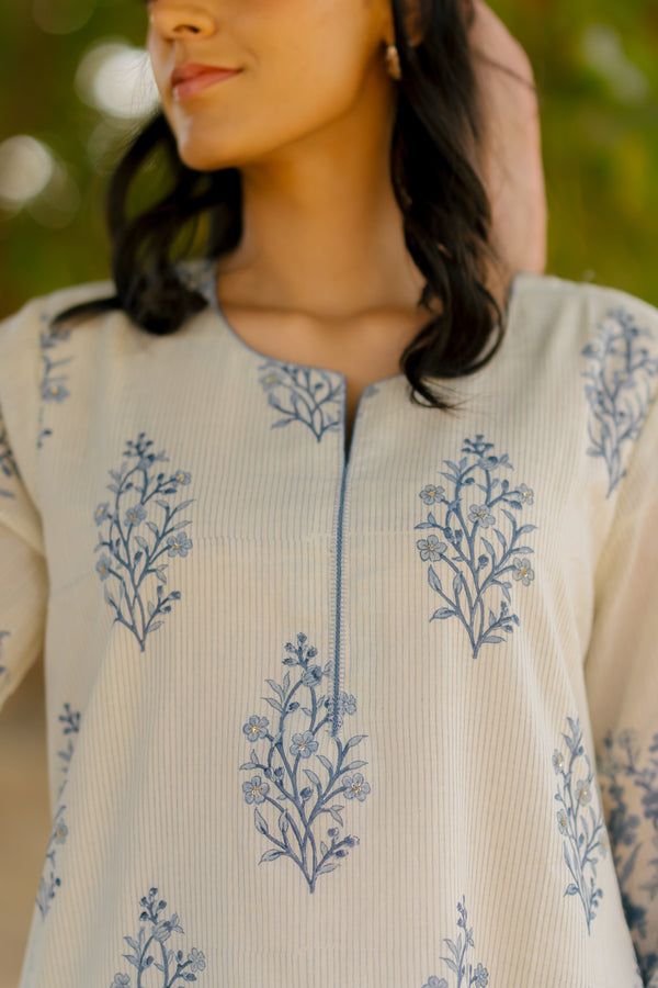 Cotton Hand Block Printed Kurta - Blue