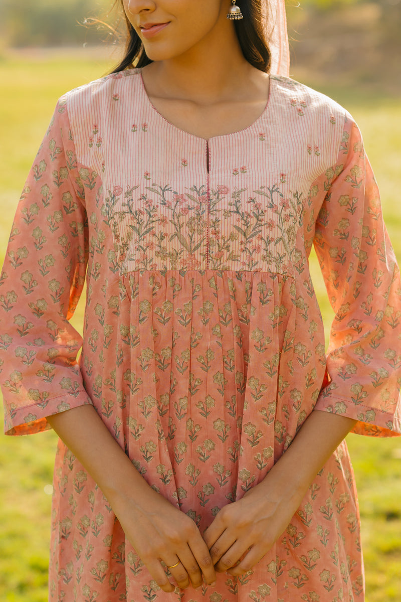 Cotton Hand Block Printed Kurta - Pink