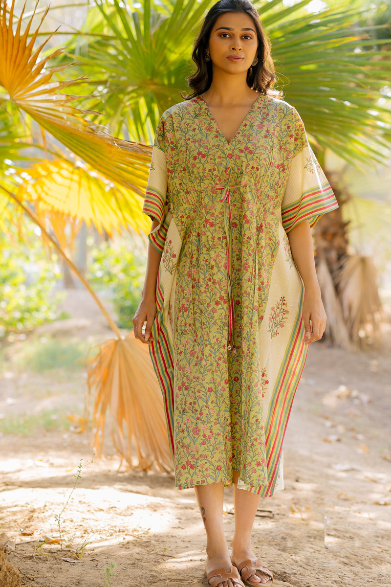 Cotton Hand Block Printed Kaftan - Green