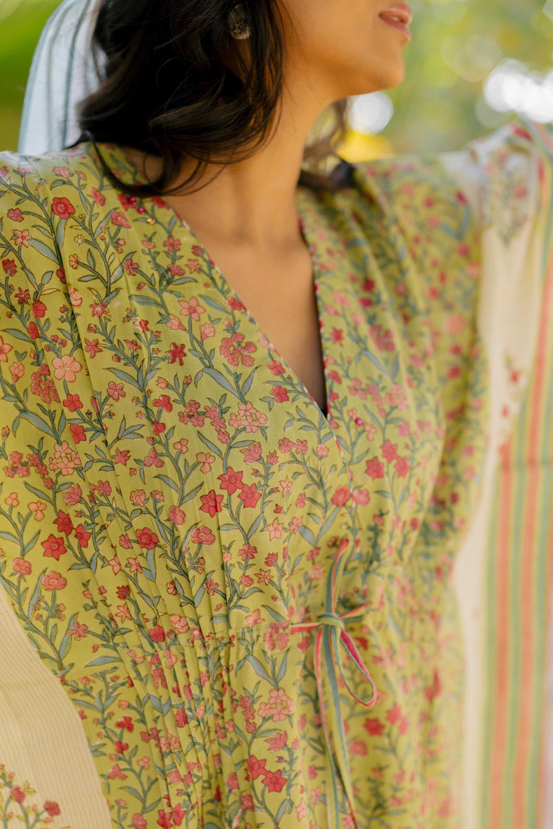 Cotton Hand Block Printed Kaftan - Green