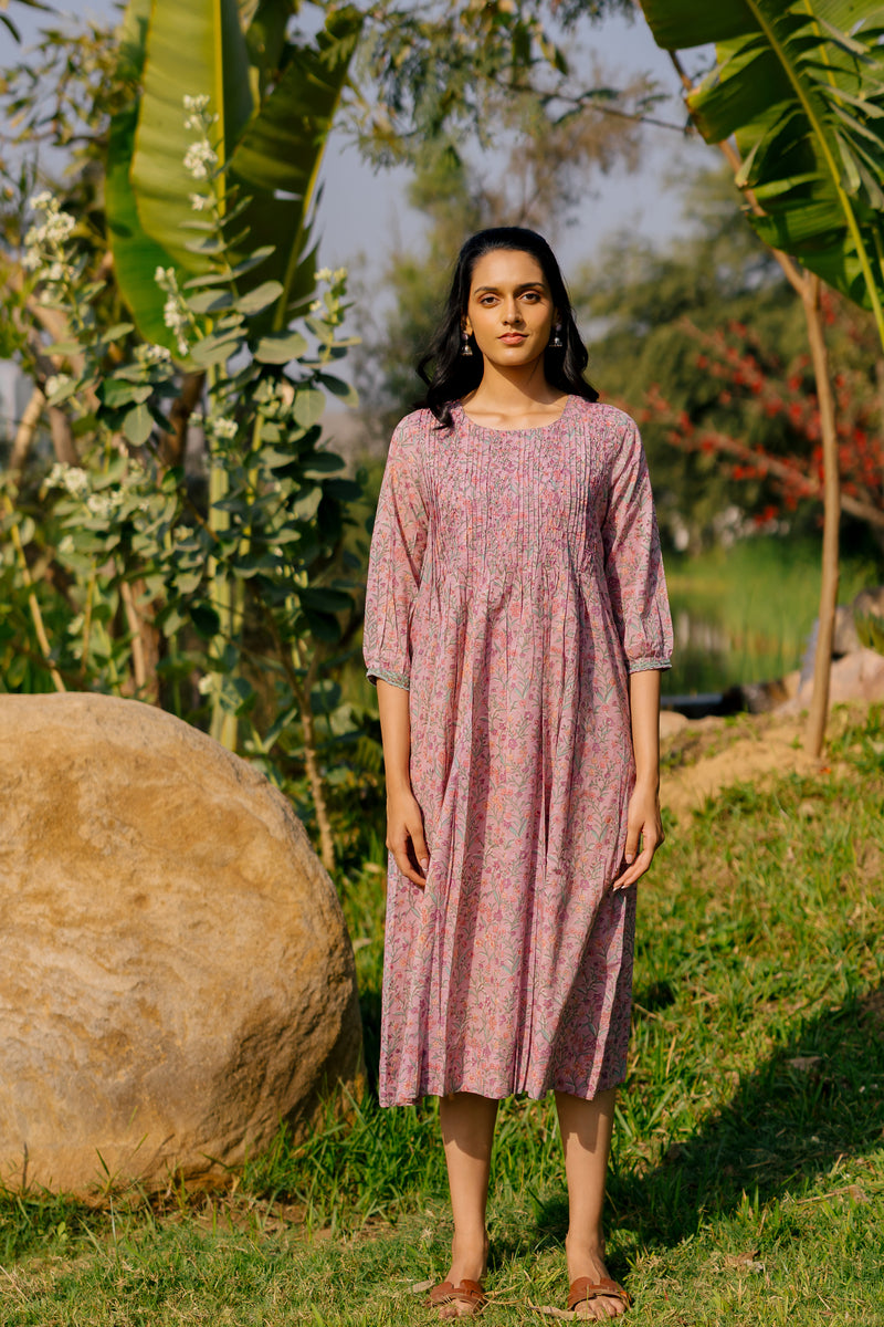 Cotton Hand Block Printed Dress - Pink