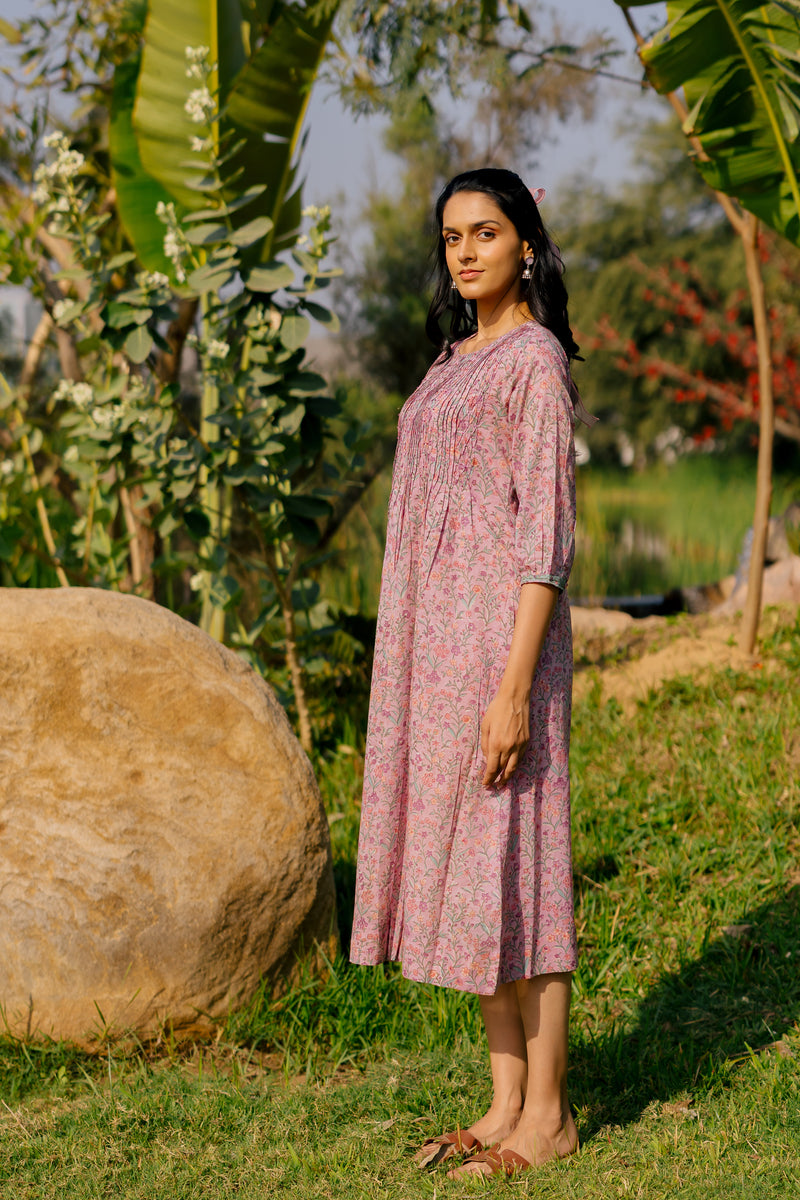 Cotton Hand Block Printed Dress - Pink