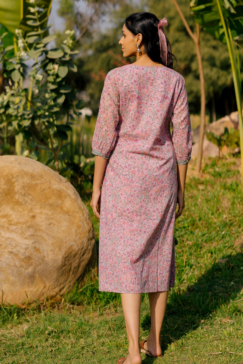 Cotton Hand Block Printed Dress - Pink