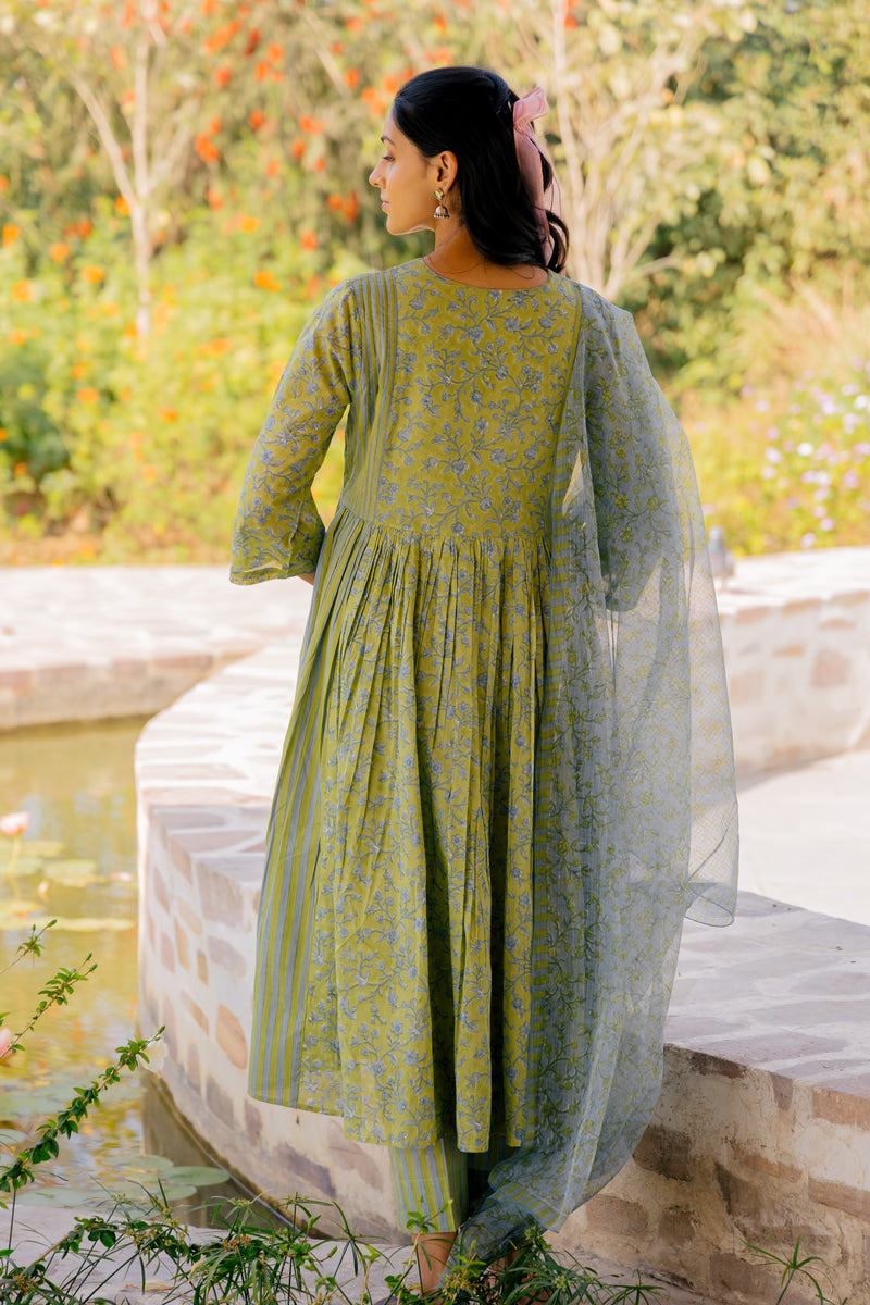 Cotton Hand Block Printed kurta- Green