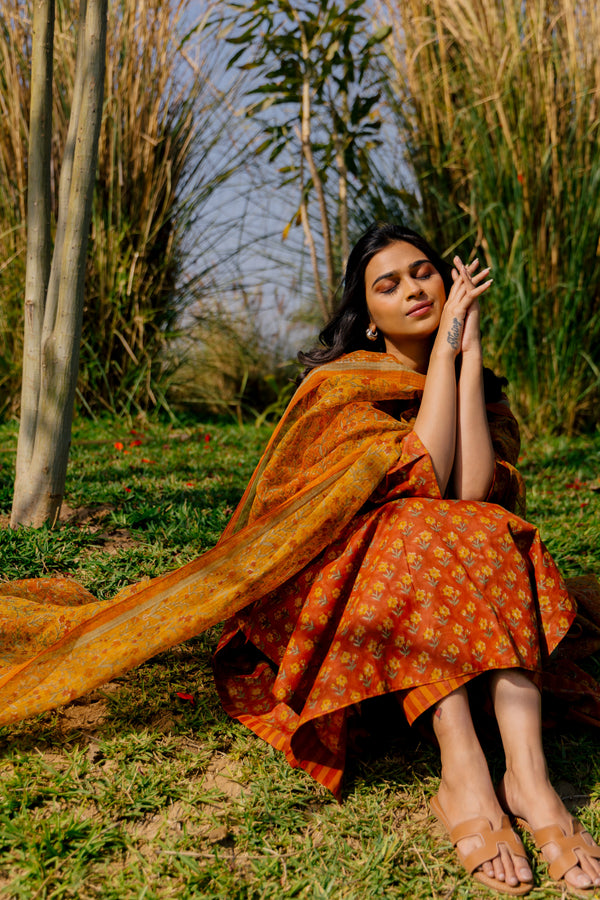 Cotton Kota Doria Hand Block Printed Dupatta - Rust