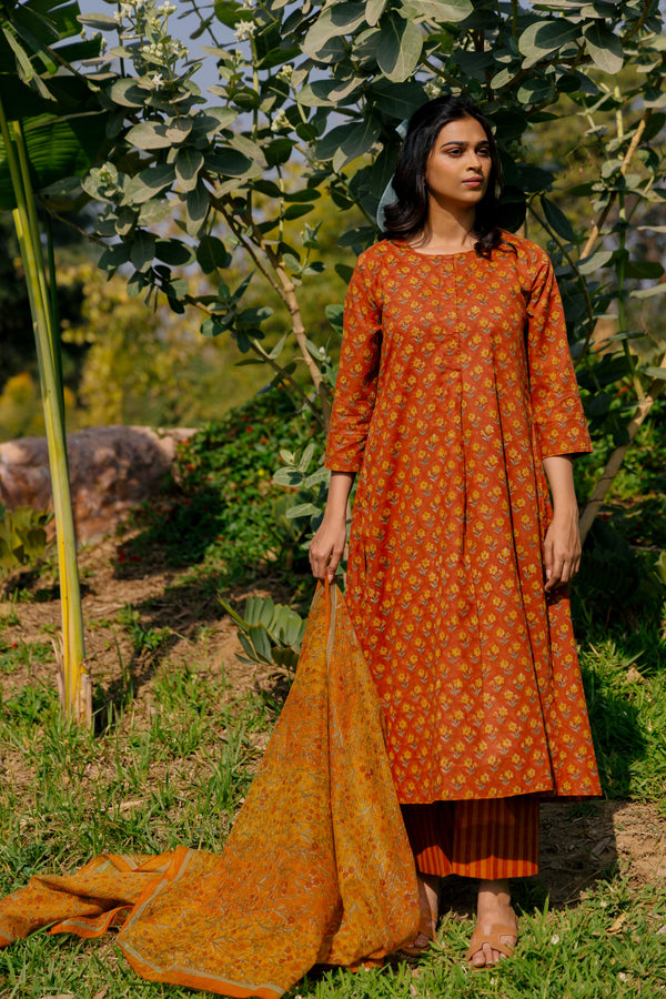 Cotton Hand Block Printed Kurta - Rust