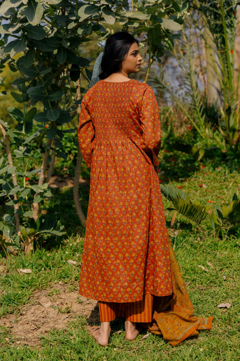 Cotton Hand Block Printed Kurta - Rust