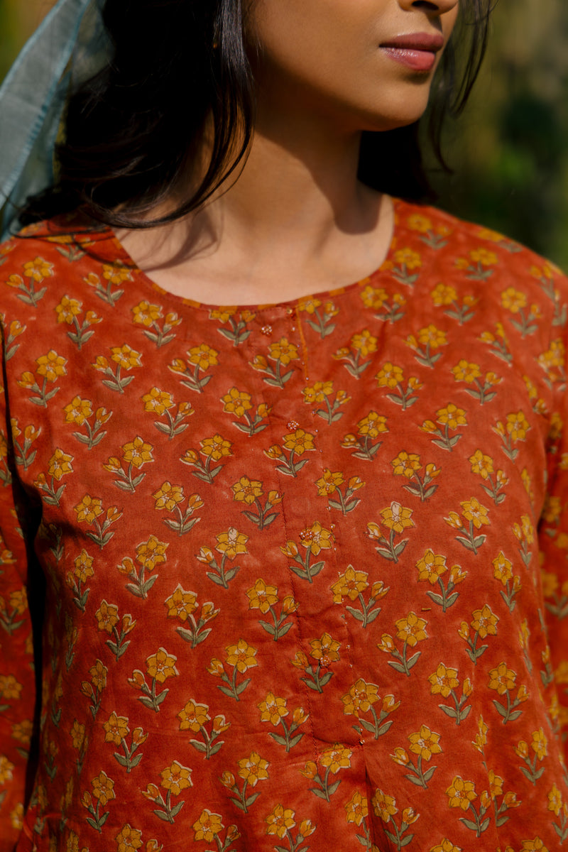 Cotton Hand Block Printed Kurta - Rust