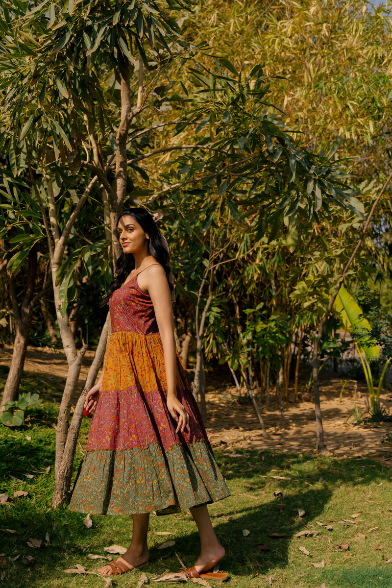 Cotton Hand Blocked Printed Dress - Brown