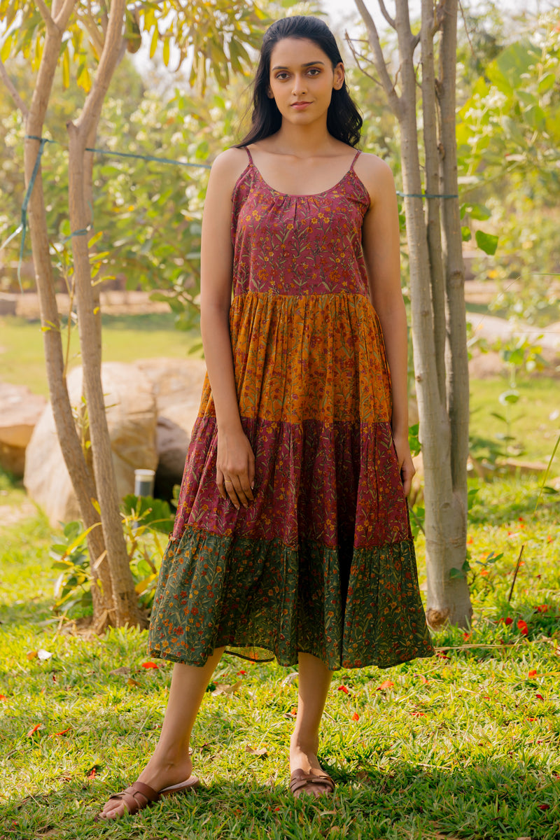 Cotton Hand Blocked Printed Dress - Brown