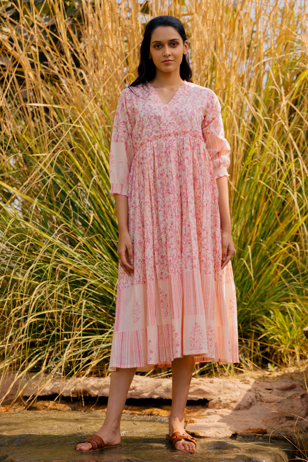 Cotton Hand Block Printed Dress - Pink