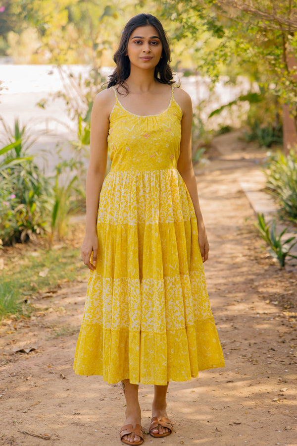 Cotton Hand Blocked Printed Dress - Yellow