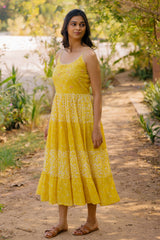 Cotton Hand Blocked Printed Dress - Yellow