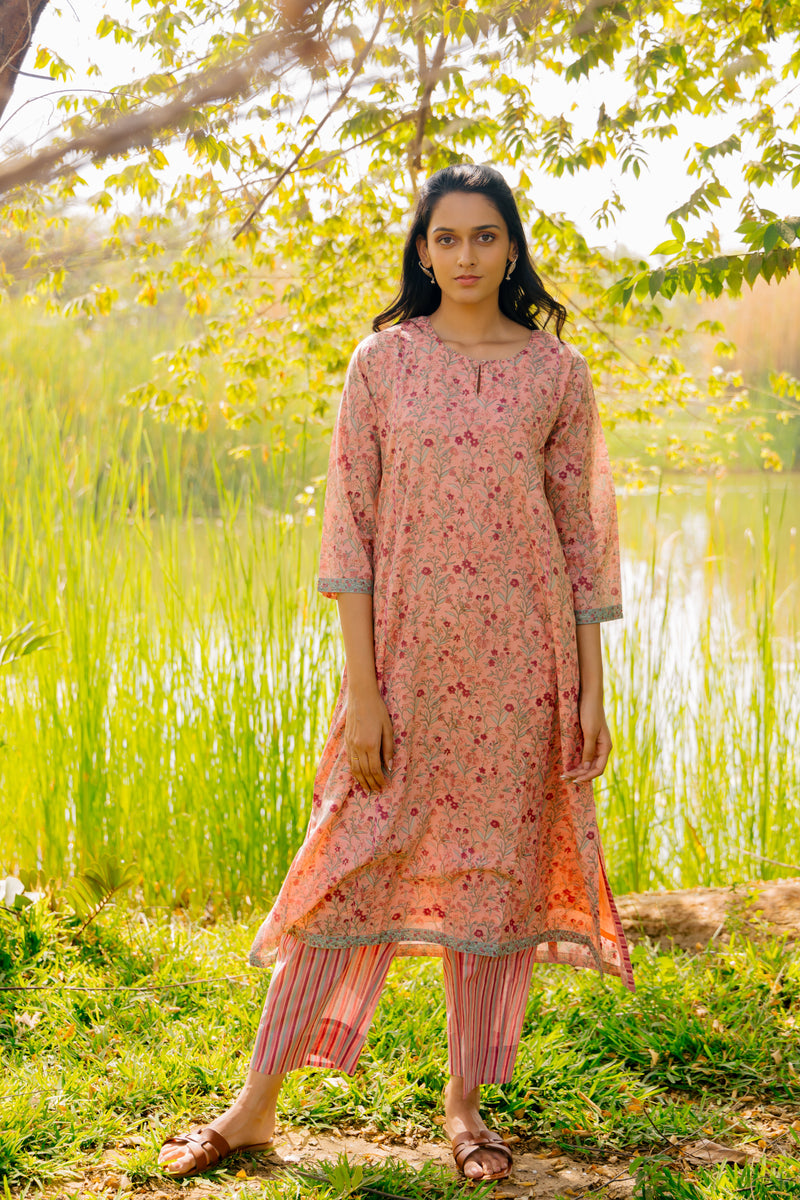 Cotton Hand Block Printed Kurta - Pink