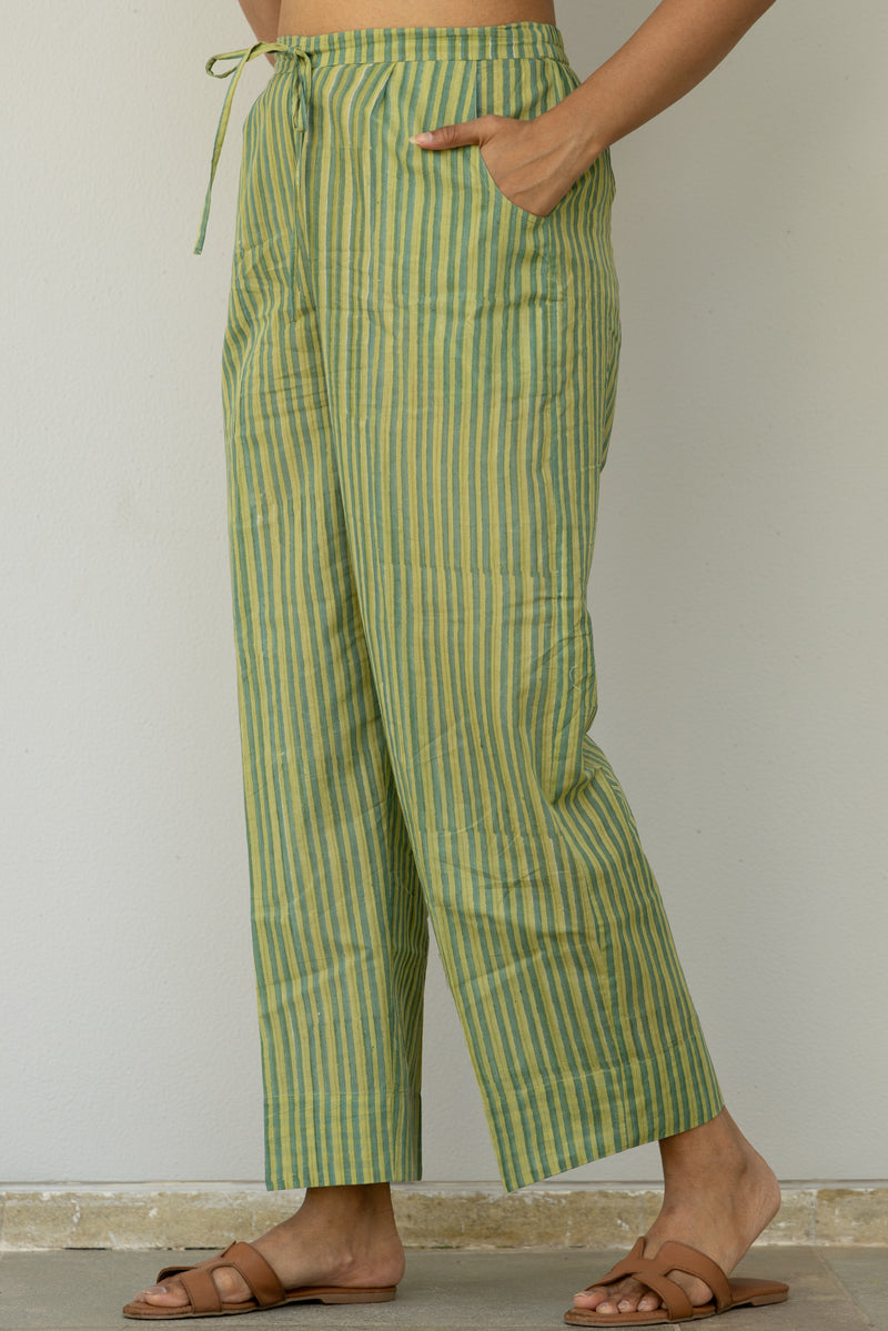 Cotton Hand Block Printed Parallel - Green