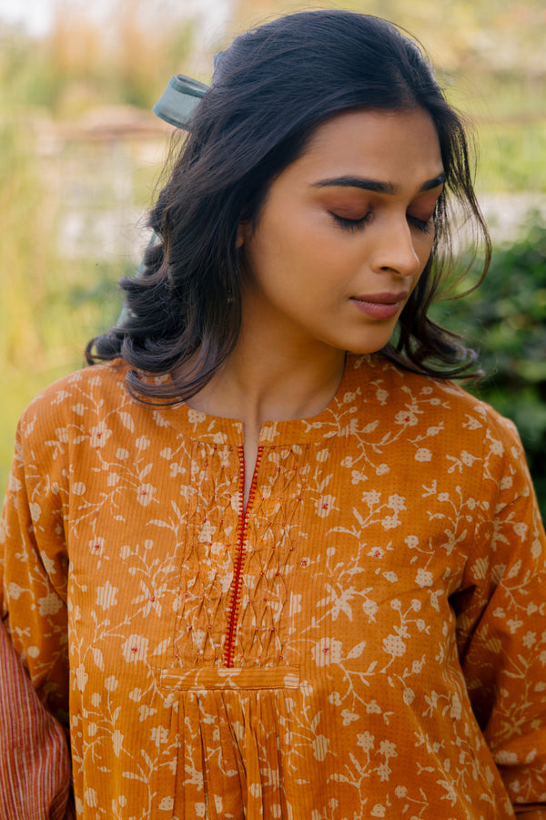 Cotton Hand Block Printed Kurta - Rust