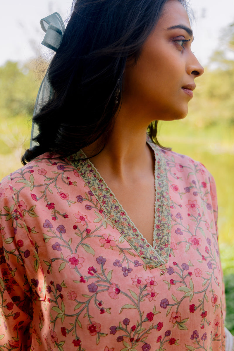 Cotton Hand Block Printed kurta- Pink