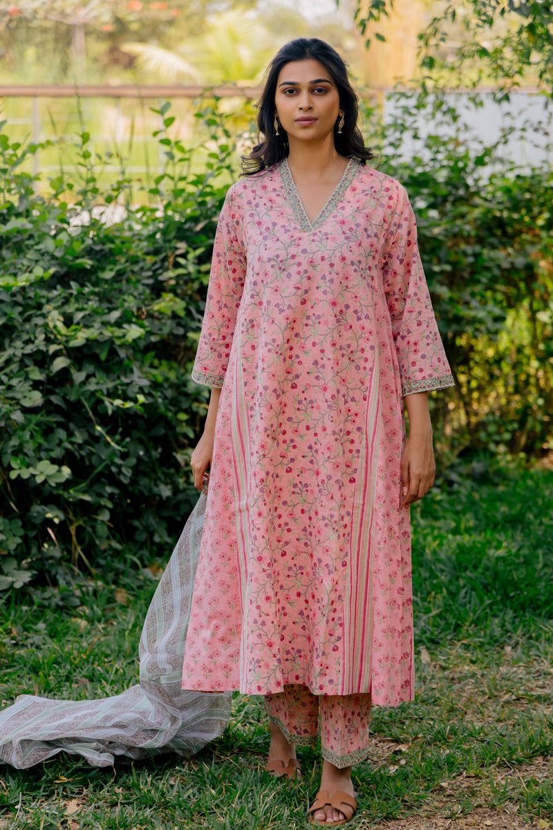 Cotton Hand Block Printed kurta- Pink