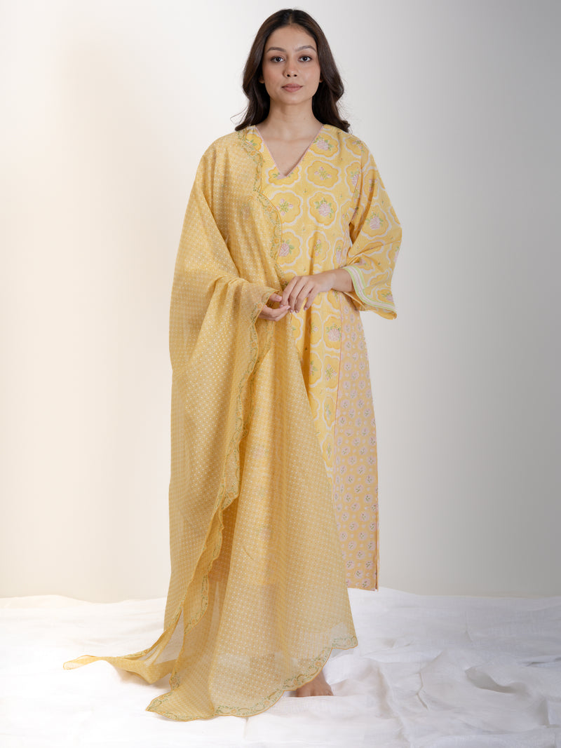 Cotton Hand Block Printed Dupatta - Yellow