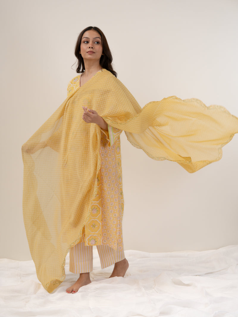 Cotton Hand Block Printed Dupatta - Yellow