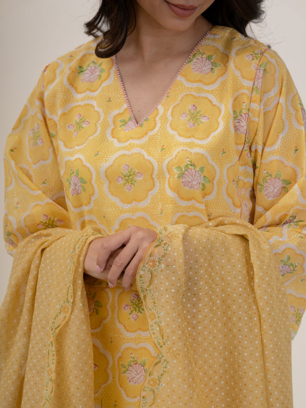 Cotton Hand Block Printed Dupatta - Yellow
