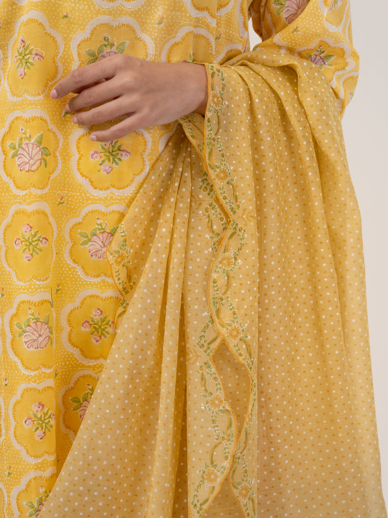 Cotton Hand Block Printed Dupatta - Yellow