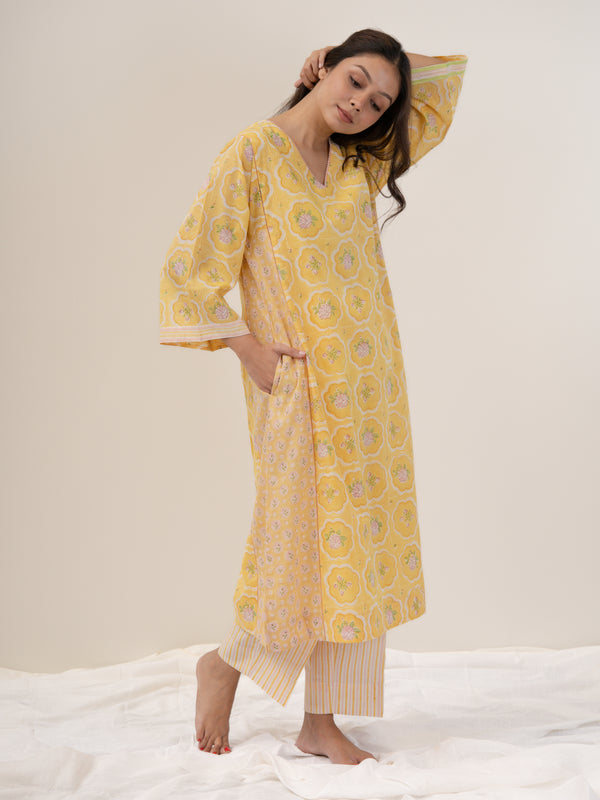 Cotton Hand Block Printed Kurta - Yellow