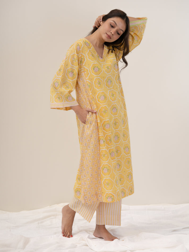 Cotton Hand Block Printed Kurta - Yellow