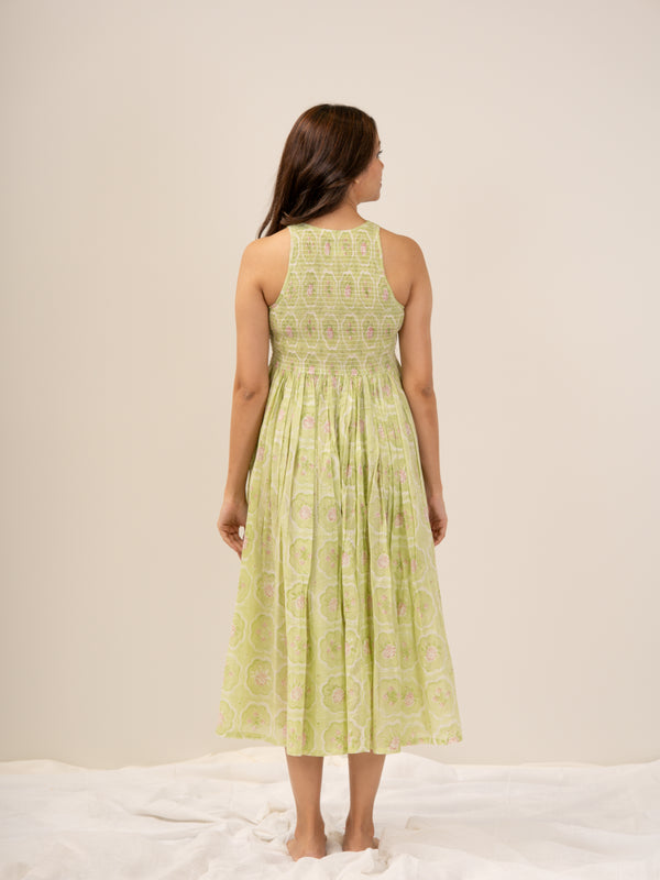 Cotton Hand Block Printed Dress - Green