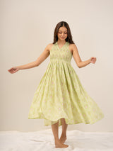 Cotton Hand Block Printed Dress - Green