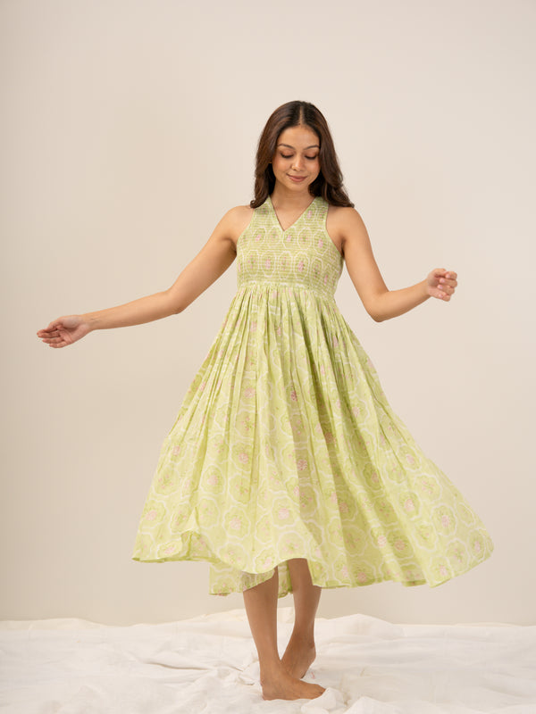 Cotton Hand Block Printed Dress - Green