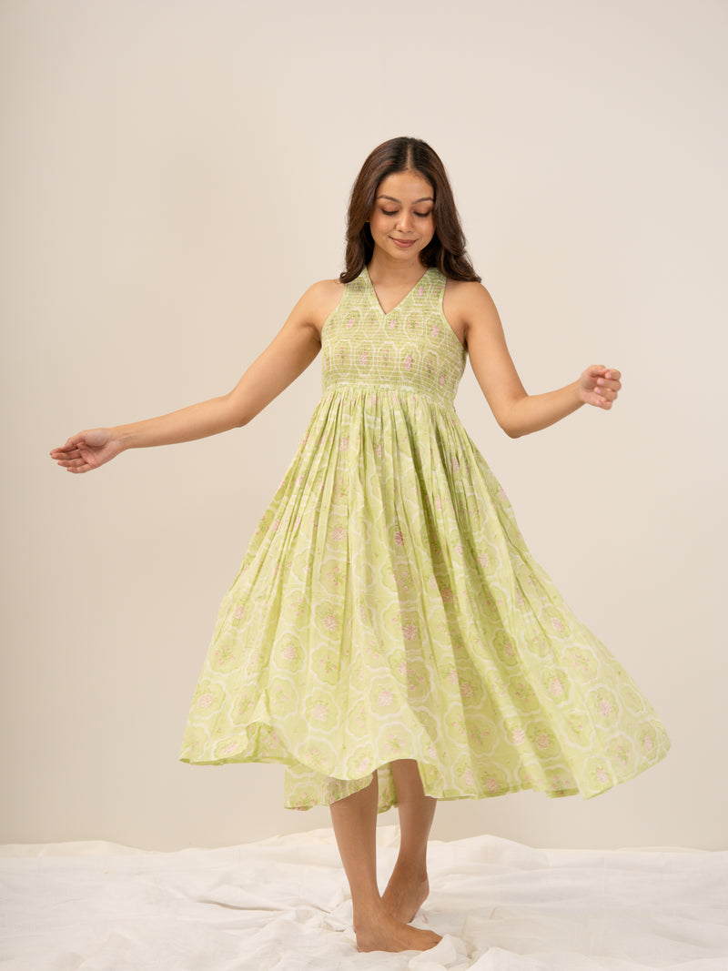 Cotton Hand Block Printed Dress - Green