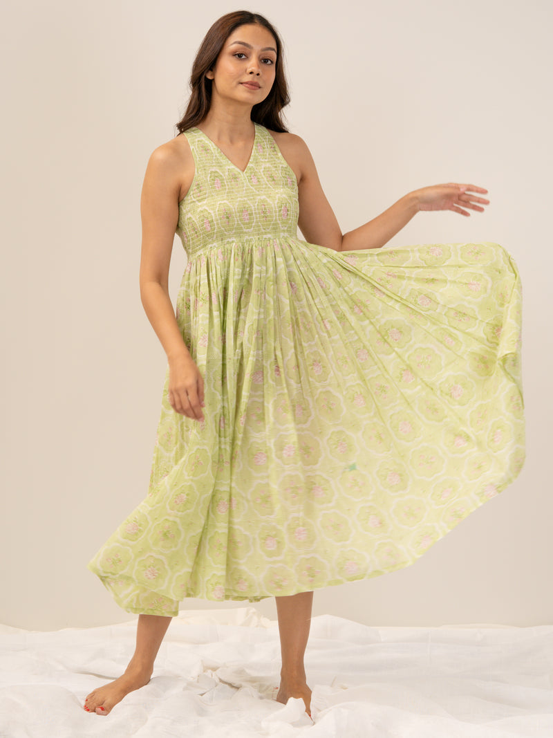 Cotton Hand Block Printed Dress - Green