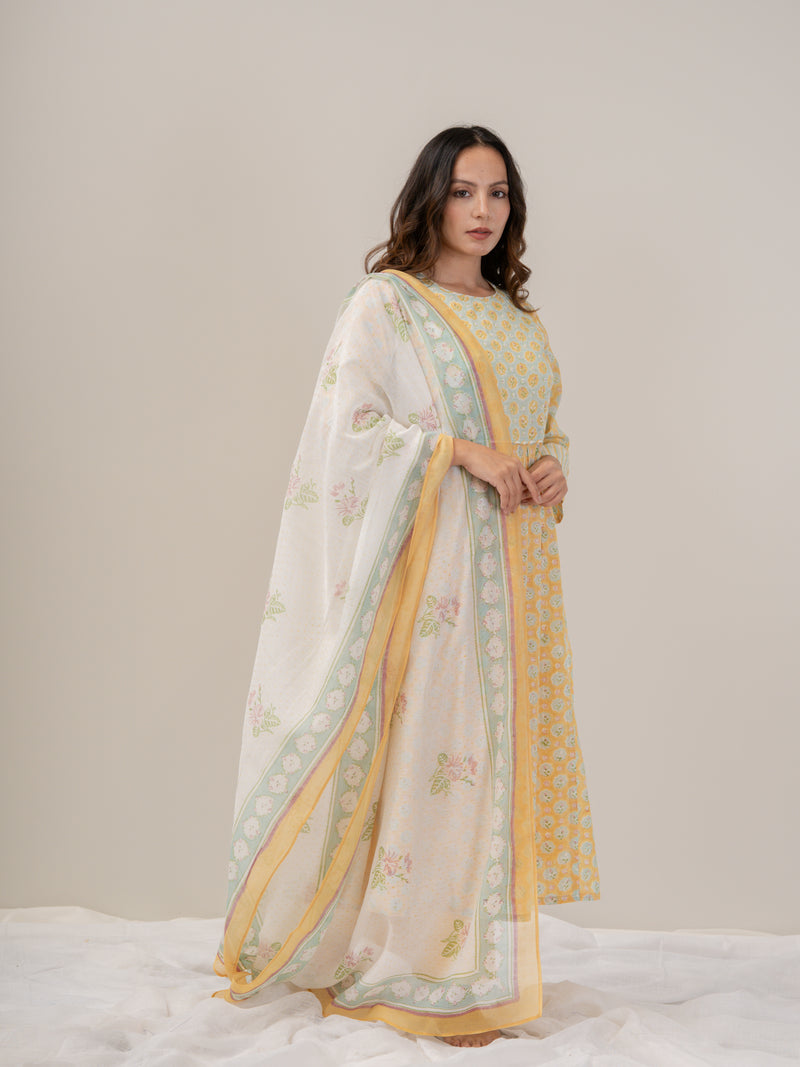 Cotton Hand Block Printed Dupatta - Yellow