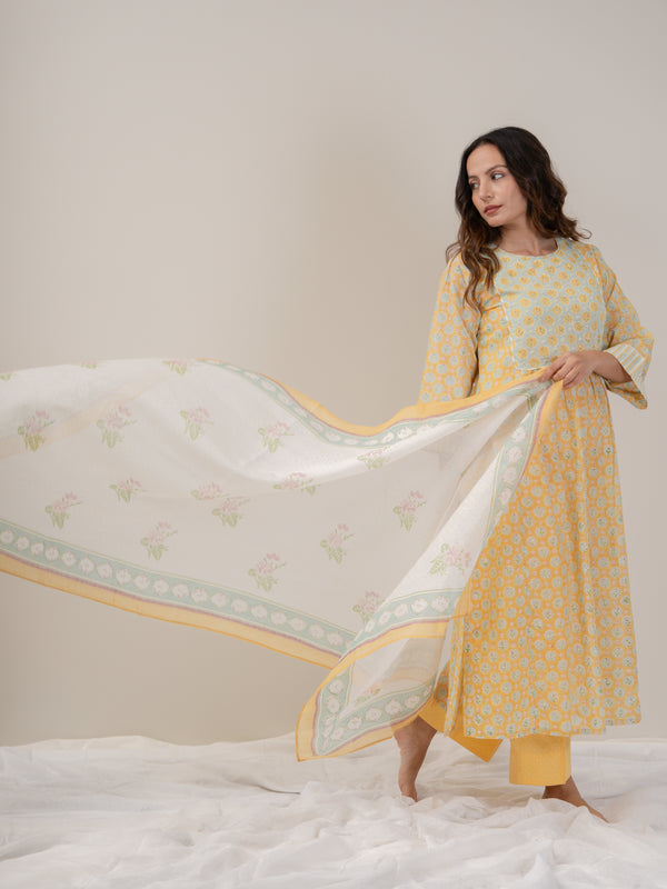 Cotton Hand Block Printed Dupatta - Yellow