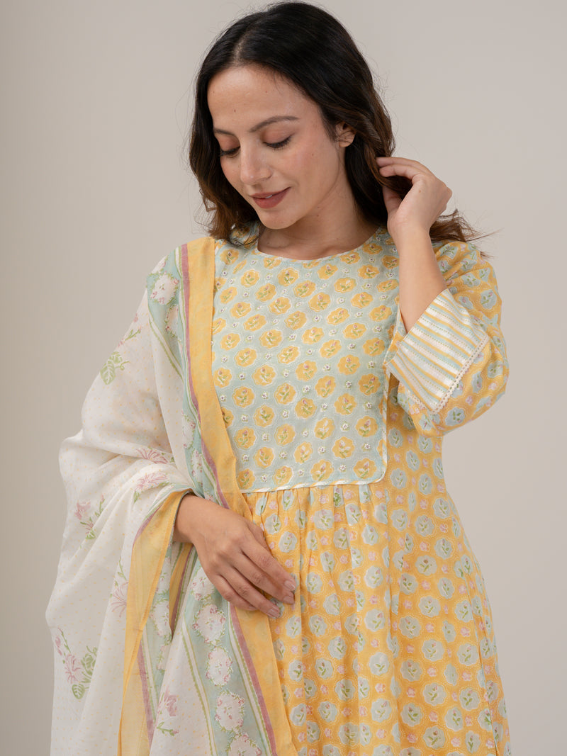 Cotton Hand Block Printed Kurta - Yellow